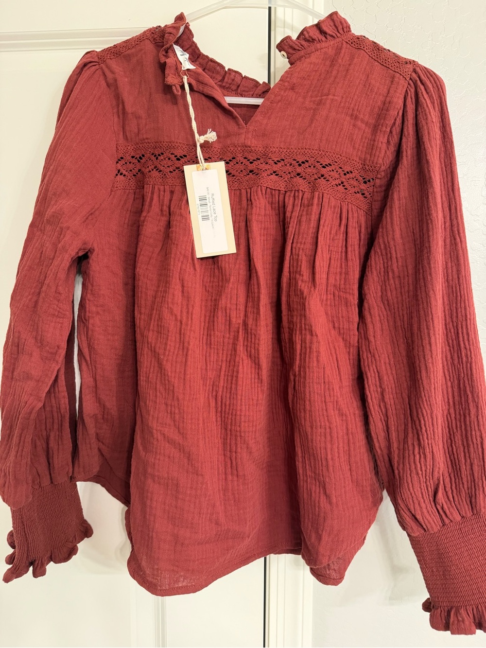 In Bloom Rust Red Ruffled Yoke Blouse - Picture 3 of 5
